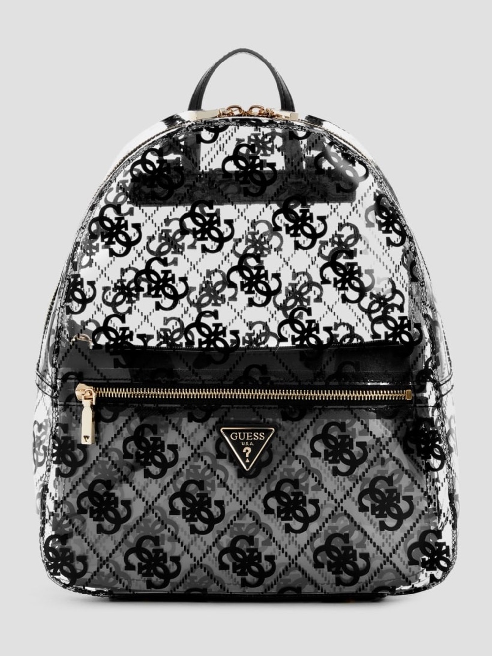 GUESS Black Logo-Print Clear Backpack with Gold Hardware